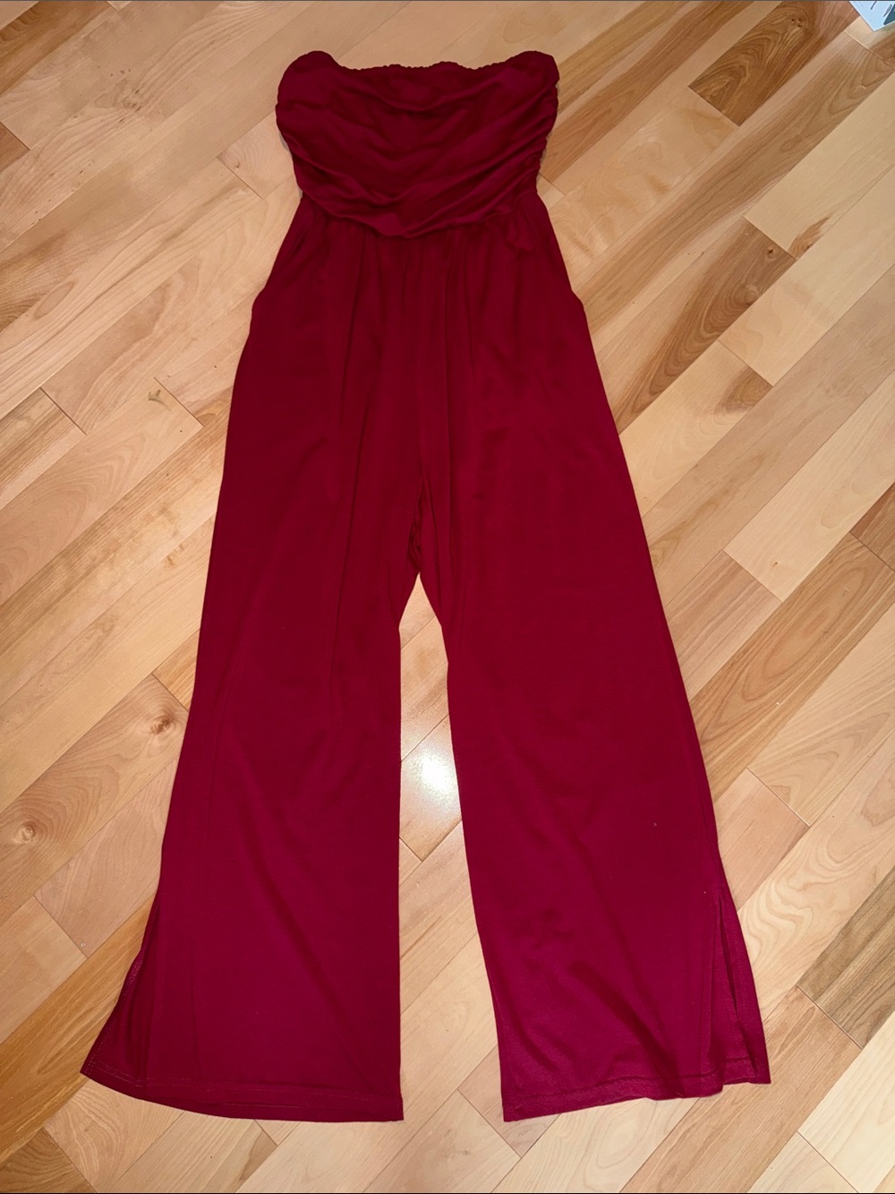 Strapless Wide-Leg Jumpsuit in Burgundy- Pockets! EUC S